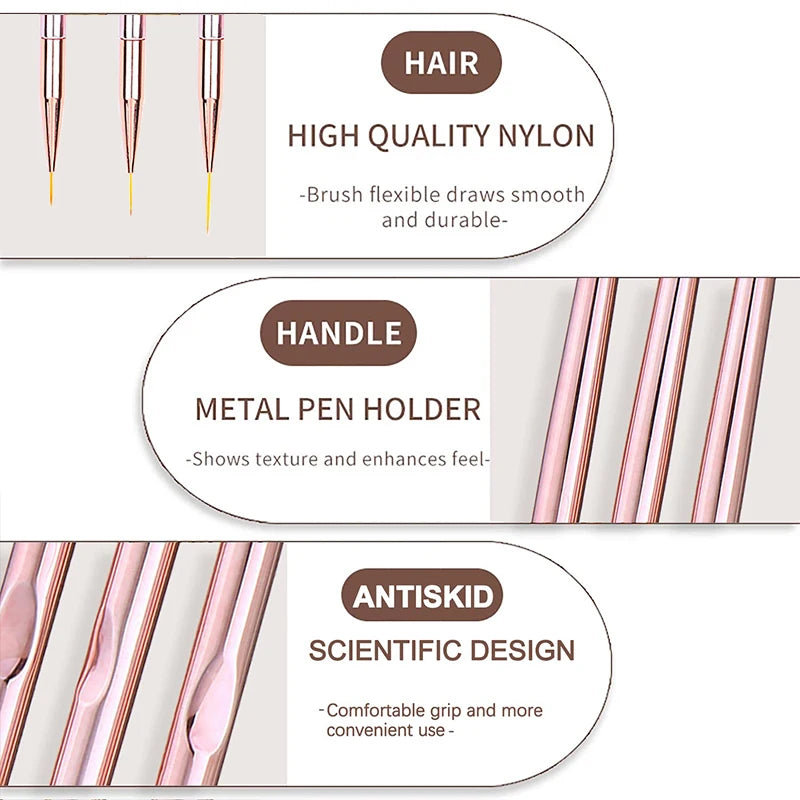 Professional Rose Gold Nail Art Liner Brush Set - 9