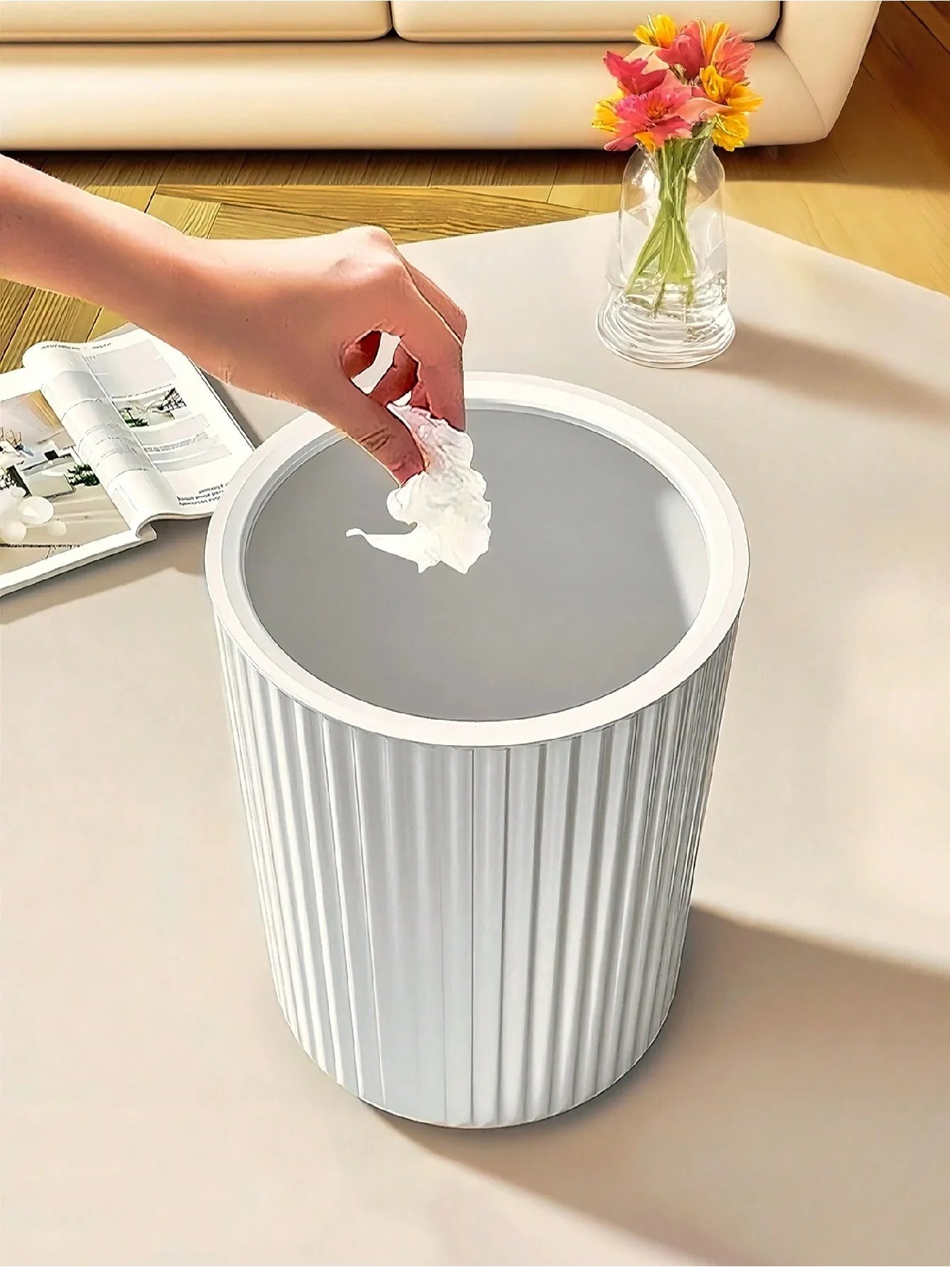 Modern Striped Trash Can for Home and Office
