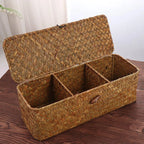 Hand-Woven 3-Grid Storage Basket with Lid