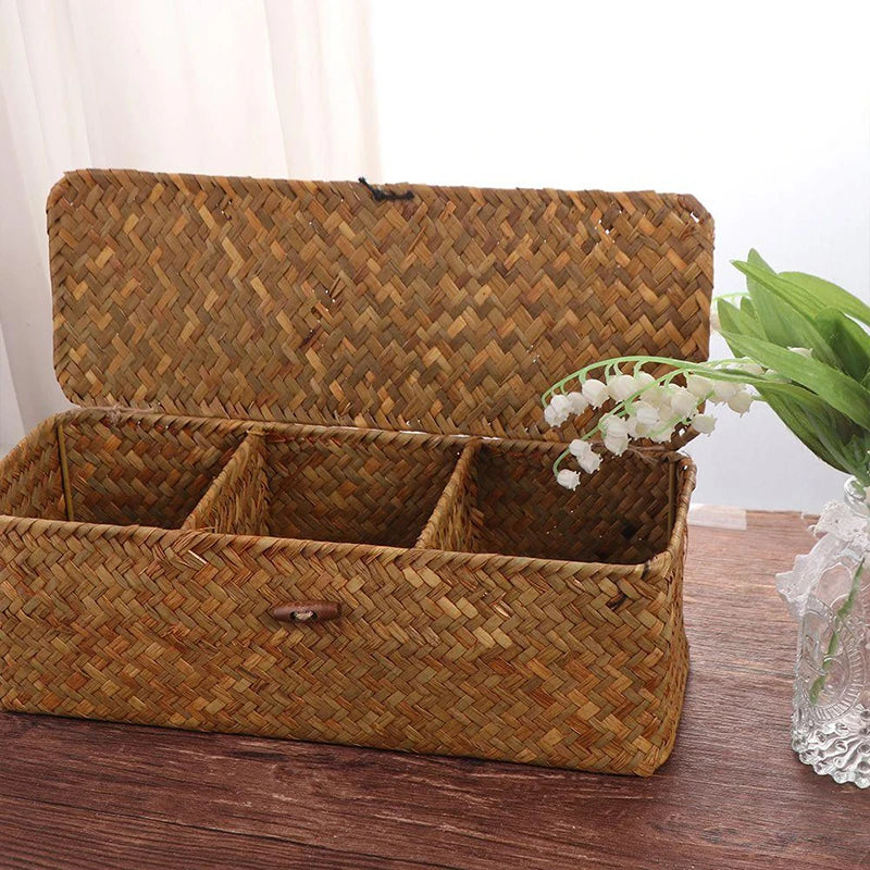 Hand-Woven 3-Grid Storage Basket with Lid