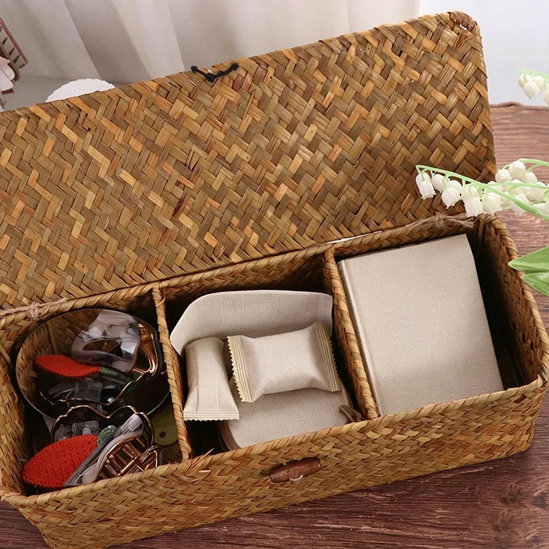 Hand-Woven 3-Grid Storage Basket with Lid