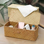 Hand-Woven 3-Grid Storage Basket with Lid