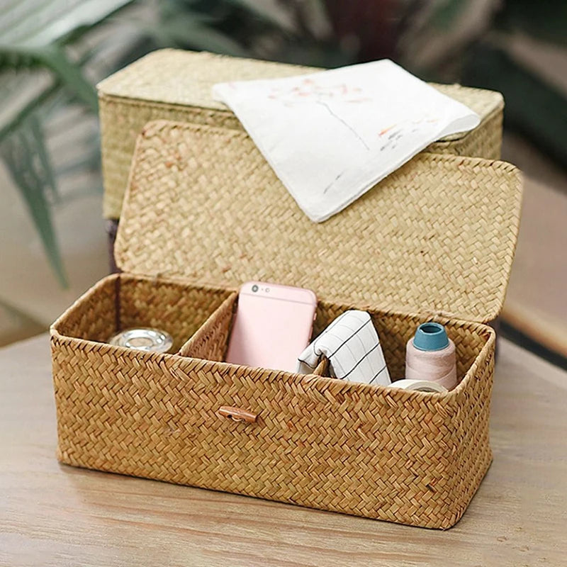 Hand-Woven 3-Grid Storage Basket with Lid